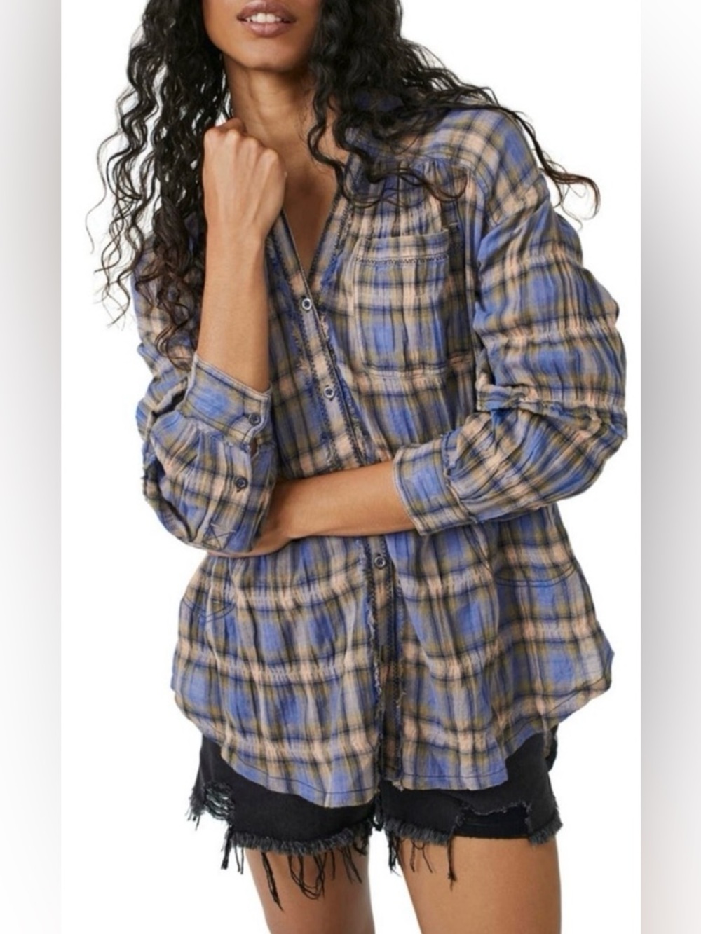 Free People "One of the Boys" Plaid Tunic Shirt in Blue Combo - Size Small